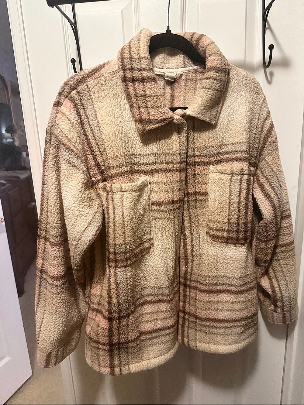 Billabong Sundown Sherpa Shacket Plaid Brown & Cream Medium